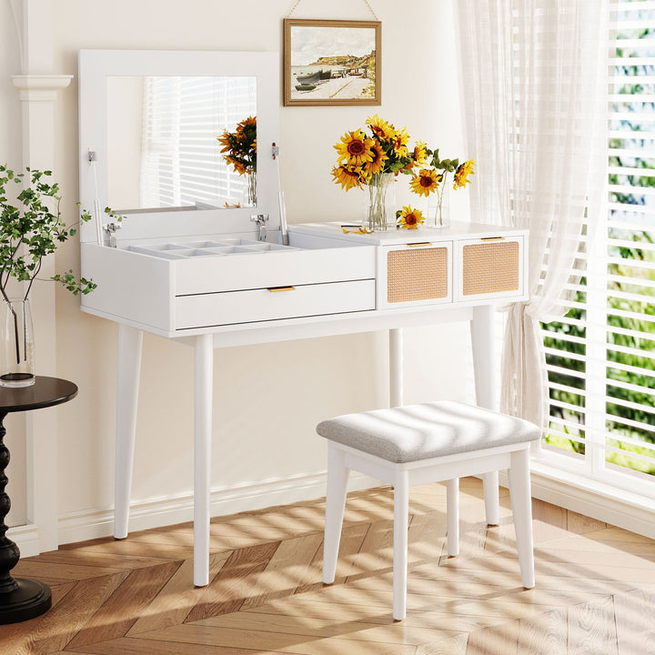 White Makeup Vanity Table with Hidden Square Mirror, 3 Drawers with Woven Rattan Design & Upholstered Stool – Solid Wood & MDF, Space-Saving Dressing Table Set Sangria Beech