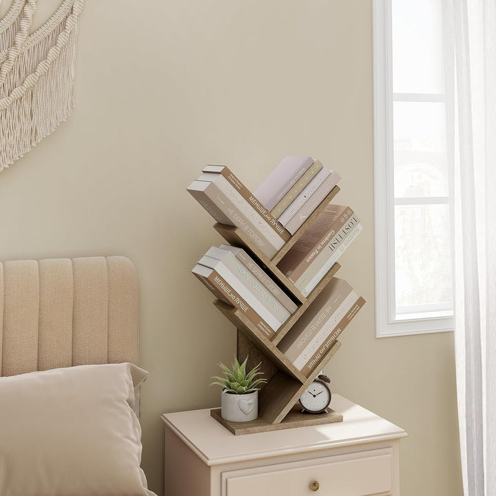 Rustic Tree Bookshelf – 4-Tier Small Space Bookcase with Wood Shelves & Metal Frame, Corner Storage Rack for Living Room, Bedroom, or Office Peach Maple