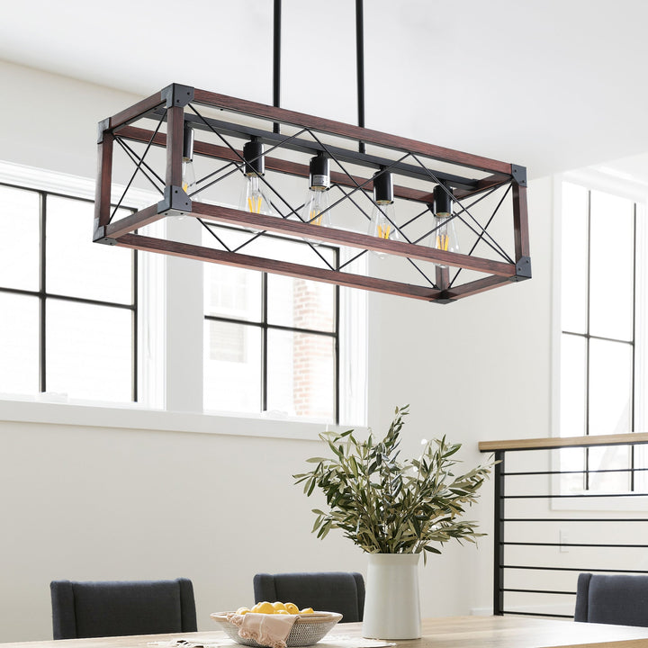 5-Light Farmhouse Chandelier – Red Wood and Black Iron Kitchen Island Pendant Light, Adjustable Height, E26 Base, Rustic Industrial Ceiling Fixture for Dining Room, Living Room, Entryway Sangria Beech