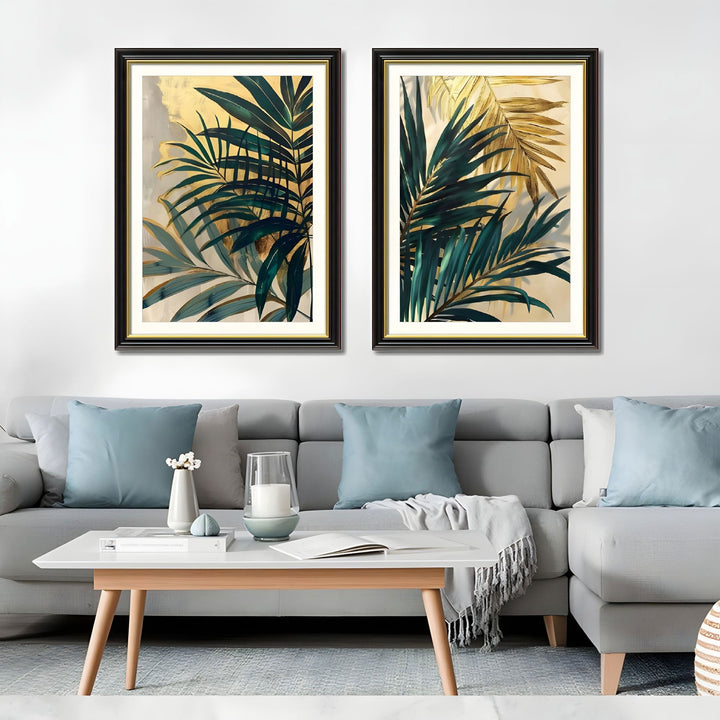 Set of 2 Tropical Palm Leaf Framed Wall Art – Replaceable Canvas Prints with Solid Wood Picture Frames, Modern Botanical Wall Decor for Living Room and Bedroom 24x32 inches GH Modern Living