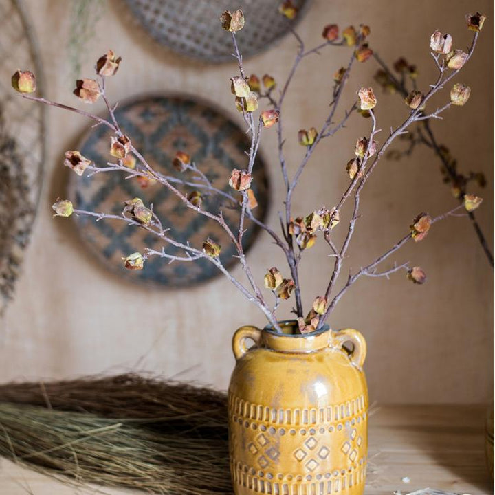 Handmade Dried Hibiscus Artificial Flower Stem – 35.4" Tall Faux Silk Floral in Yellow/Brown Sangria Uranus