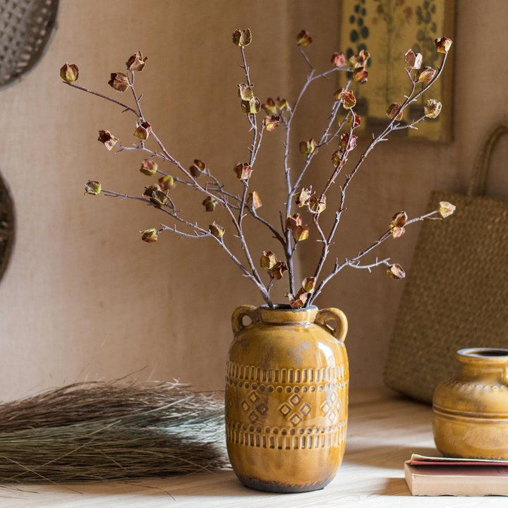 Handmade Dried Hibiscus Artificial Flower Stem – 35.4" Tall Faux Silk Floral in Yellow/Brown Sangria Uranus