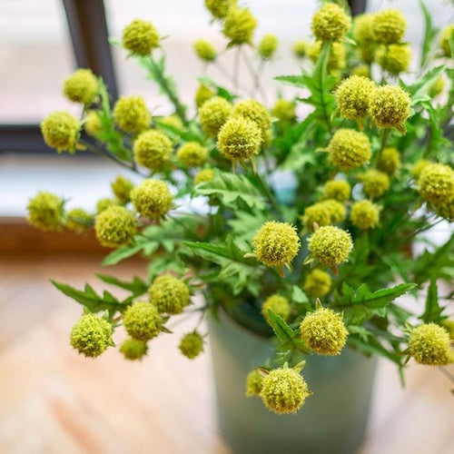 Handmade Pompom Silk Flower Stem – 28" Yellow Faux Floral with Green Leaves Sangria Uranus