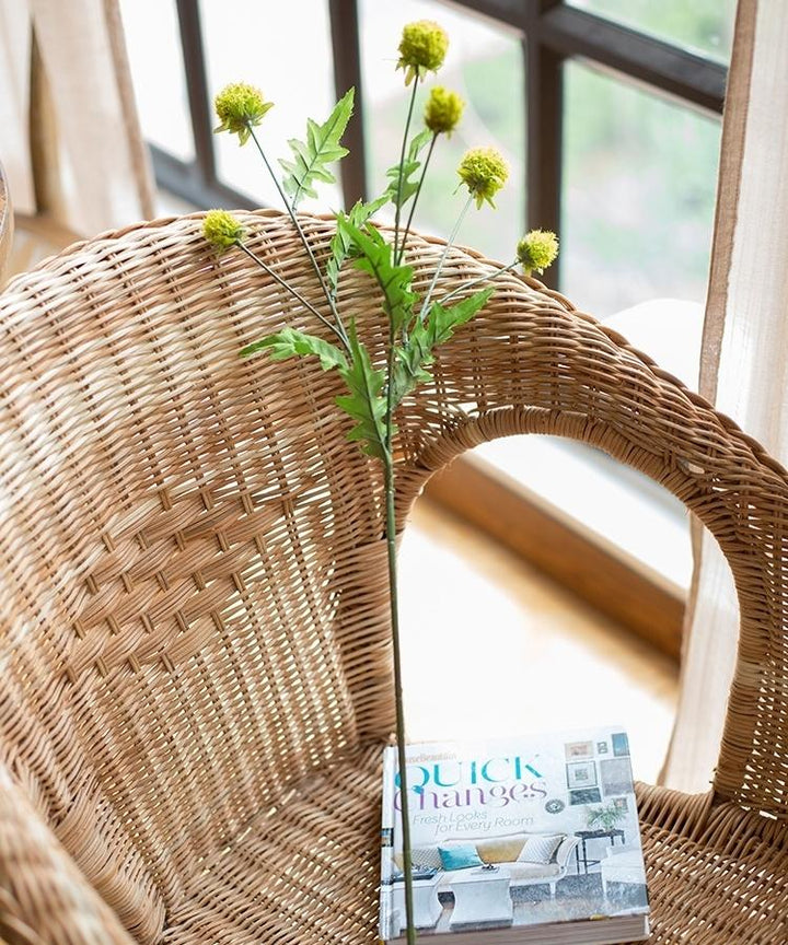 Handmade Pompom Silk Flower Stem – 28" Yellow Faux Floral with Green Leaves Sangria Uranus