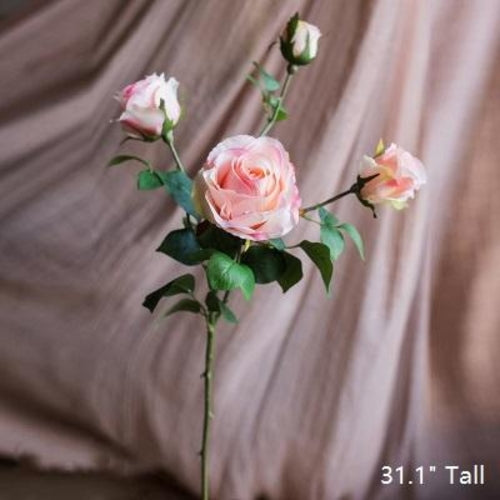 Handmade Faux Silk Rose Flower Stem – Realistic Pink Silk Roses with 4 Blooms, 31" Long Sangria Uranus