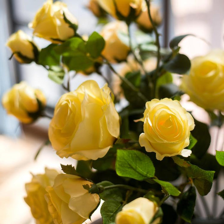 Handmade Yellow Rose Silk Flower Stem – 31" Faux Floral Stem with 4 Blooms & Green Leaves Sangria Uranus