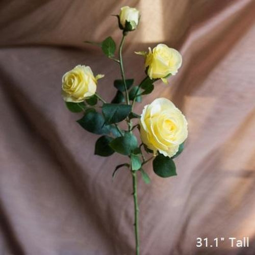 Handmade Yellow Rose Silk Flower Stem – 31" Faux Floral Stem with 4 Blooms & Green Leaves Sangria Uranus