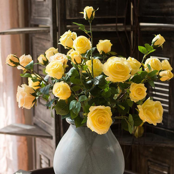 Handmade Yellow Rose Silk Flower Stem – 31" Faux Floral Stem with 4 Blooms & Green Leaves Sangria Uranus