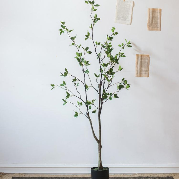 Handmade Silk Artificial Green Leaf Tree – Lifelike Faux Plant with Black Pot Sangria Uranus