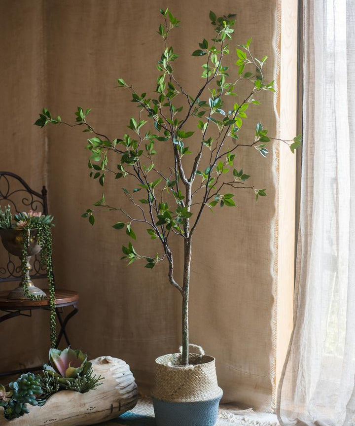 Handmade Silk Artificial Green Leaf Tree – Lifelike Faux Plant with Black Pot Sangria Uranus