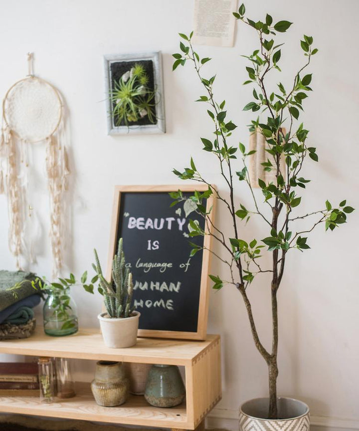 Handmade Silk Artificial Green Leaf Tree – Lifelike Faux Plant with Black Pot Sangria Uranus