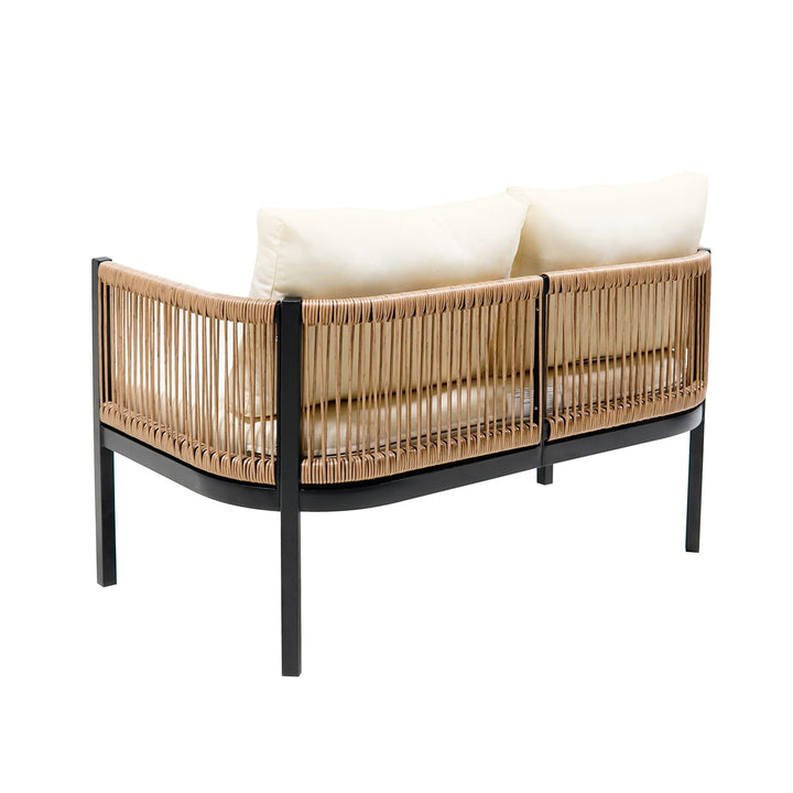 5-Piece Modular Outdoor Sofa Set with Tempered Glass Table – Beige Cushions, PE Wicker & Rust-Resistant Iron Frame Sangria Beech