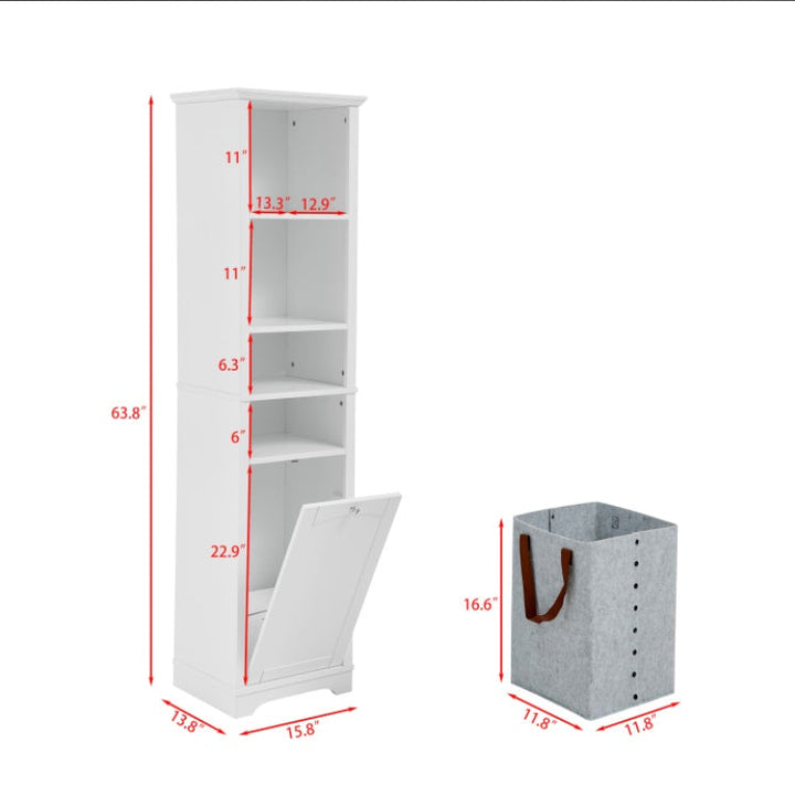 64" Tall White Bathroom Storage Cabinet with Laundry Hamper – Floor Standing Organizer with 4 Adjustable Shelves, Hidden Storage for Small Spaces CJDropshipping