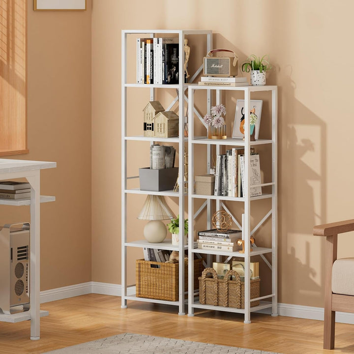 Tall White 6-Tier Narrow Bookshelf with Metal Frame – Slim Storage Rack for Living Room, Bedroom, Office & Bathroom Peach Maple