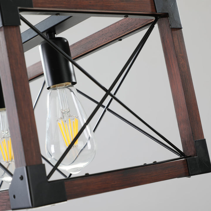 5-Light Farmhouse Chandelier – Red Wood and Black Iron Kitchen Island Pendant Light, Adjustable Height, E26 Base, Rustic Industrial Ceiling Fixture for Dining Room, Living Room, Entryway Sangria Beech