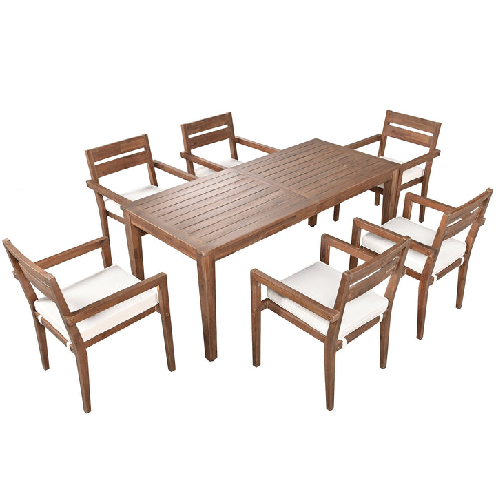 7-Piece Outdoor Acacia Wood Dining Set – Burly Wood Table and 6 Chairs with Cushions, Weather-Resistant Patio Furniture for Garden, Balcony, Backyard Sangria Beech
