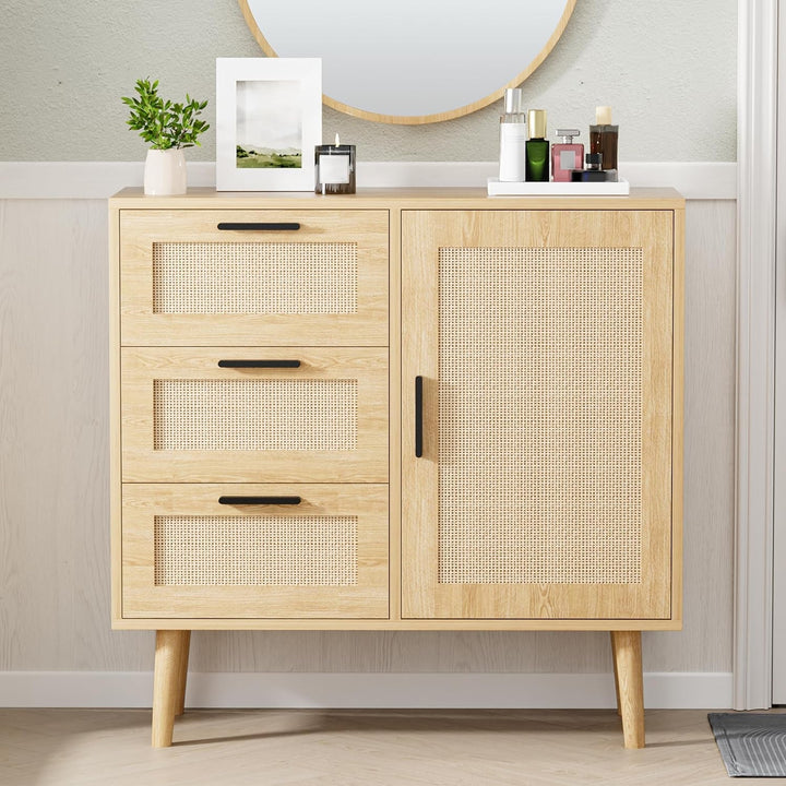 Modern Storage Cabinet, Free Standing Buffet Cabinet, Black Sideboard Peach Maple