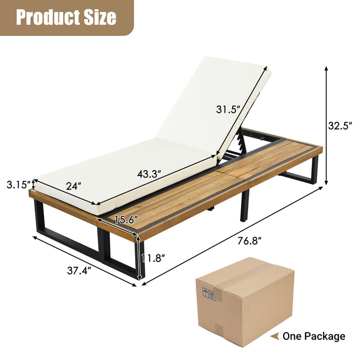 Adjustable Outdoor Chaise Lounge Chair with 5-Position Recline, Acacia Wood Frame & Thick Cushion – Poolside Recliner with Side Table, Beige Sangria Beech