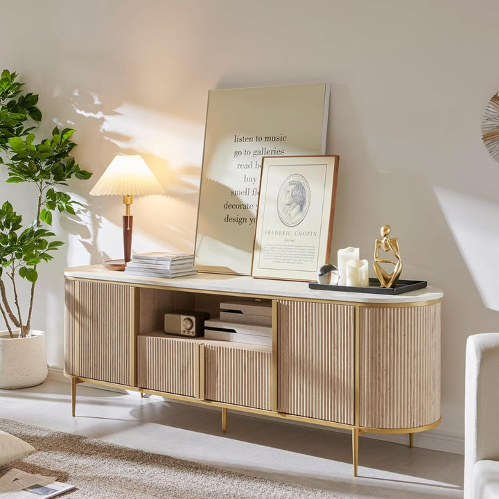 Luxury 70" Fluted TV Stand, Modern Chic Entertainment Center Peach Maple
