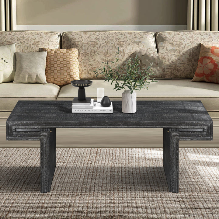 American Vintage Rectangular Coffee Table – Dual-Tier Rustic Wood Center Table with Open Shelves, Antique Black Finish Sangria Beech