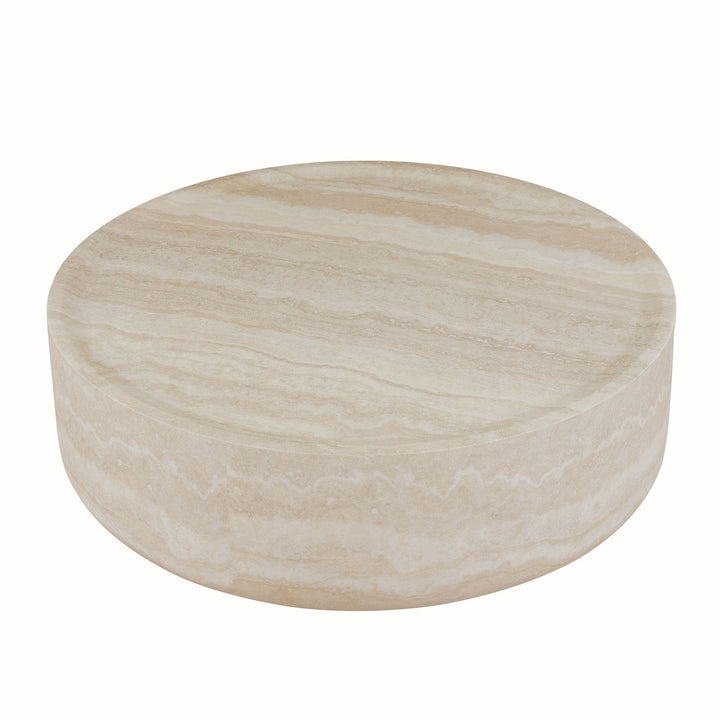 Modern Round Faux Travertine Coffee Table – 31.5" Fiberglass Center Table for Living Room, No Assembly Needed Sangria Beech