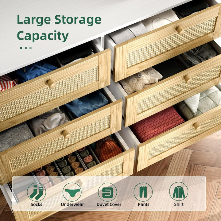 Modern 6-Drawer Rattan Dresser with Ample Storage & Anti-Tip Safety Strap – Space-Saving Bedroom Chest Peach Maple