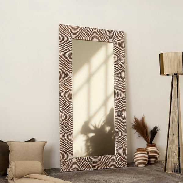 Rustic White Solid Wood Handcarved Rectangle Mirror Accent with 3MM Glass, 36 x 72 Inches GH Modern Living