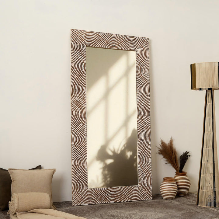 Rustic White Solid Wood Handcarved Rectangle Mirror Accent with 3MM Glass, 36 x 72 Inches GH Modern Living