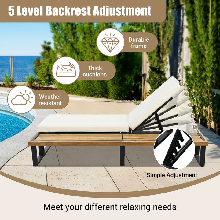 Adjustable Outdoor Chaise Lounge Chair with 5-Position Recline, Acacia Wood Frame & Thick Cushion – Poolside Recliner with Side Table, Beige Sangria Beech