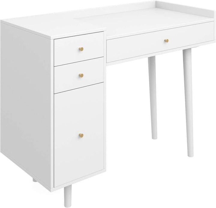 Daisy Mid-Century White Vanity Desk with Brass Knobs – 4-Drawer Makeup Table & Writing Desk for Bedroom or Home Office Peach Maple