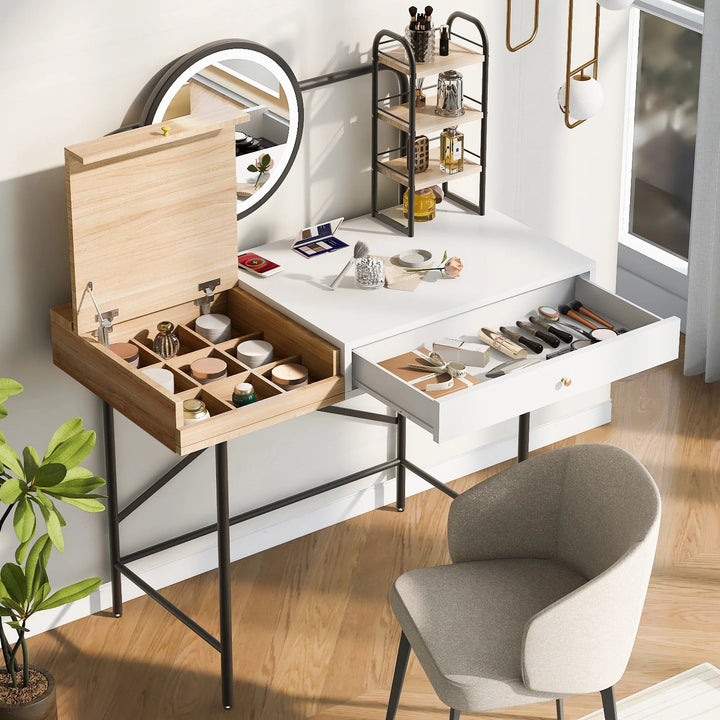 Modern White Vanity Desk with LED Lighted Mirror & Wireless Charging – 40" Makeup Table with Storage Drawer & Shelves, Touch Sensor Mirror, USB Port Sangria Beech