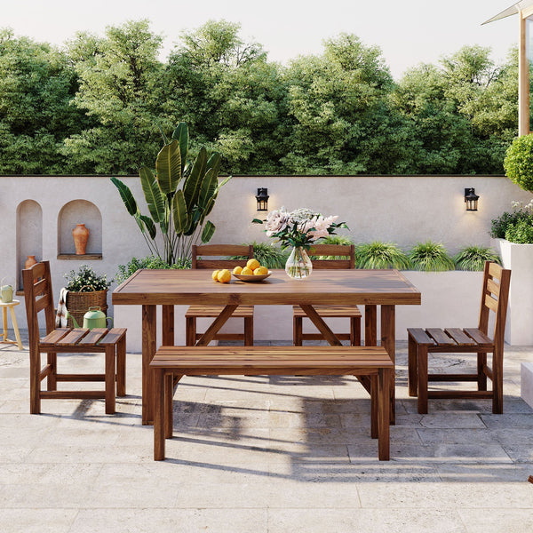6-Piece Outdoor Acacia Wood Dining Set – Includes Table, Bench & 4 Chairs – Modern Patio Furniture for Garden, Balcony, or Deck (Brown) Sangria Beech