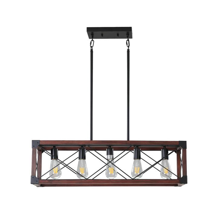 5-Light Farmhouse Chandelier – Red Wood and Black Iron Kitchen Island Pendant Light, Adjustable Height, E26 Base, Rustic Industrial Ceiling Fixture for Dining Room, Living Room, Entryway Sangria Beech