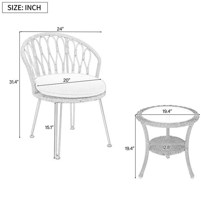 3-Piece Outdoor Bistro Set with PE Rattan Chairs & Tempered Glass Table – Beige Cushions, Lightweight Patio Conversation Set Sangria Beech