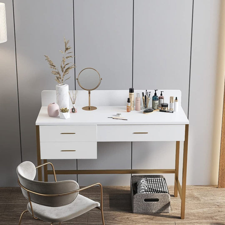 Modern White Vanity Desk with 3 Drawers & Gold Metal Legs – Compact Makeup Table or Computer Desk with Storage & Anti-Fall Fence for Bedroom or Home Office Peach Maple