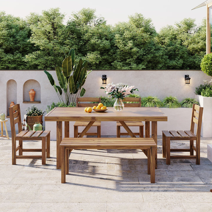 6-Piece Outdoor Acacia Wood Dining Set – Includes Table, Bench & 4 Chairs – Modern Patio Furniture for Garden, Balcony, or Deck (Brown) Sangria Beech