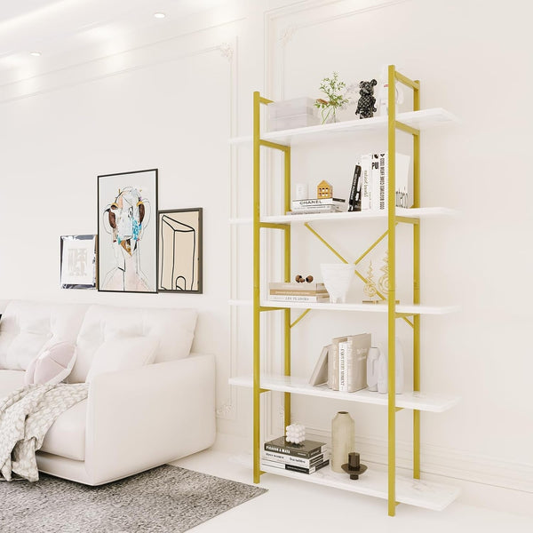 Azheruol 5-Tier White Faux Marble Bookshelf – Gold Frame Ladder Shelf for Living Room, Office, or Kitchen Peach Maple