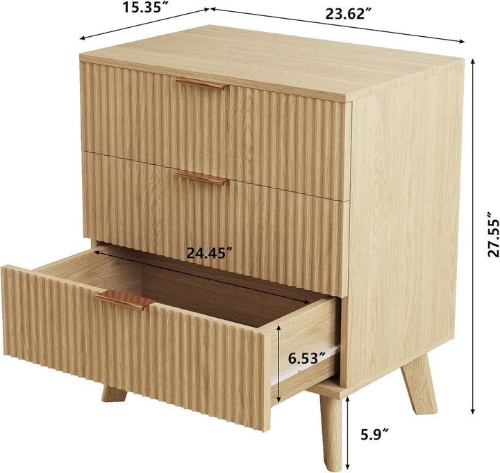 Modern Wood 3-Drawer Dresser with Fluted Wave Panel & Aluminum Handles – Stylish Storage Chest with Solid Wood Legs Peach Maple