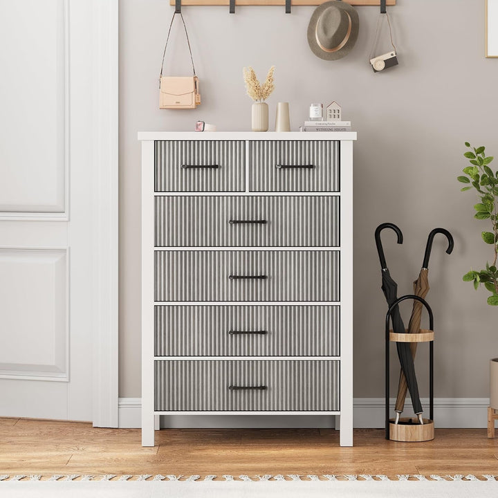 Modern 6 Drawer White Dresser with Fluted Panels – Stylish & Durable Storage for Bedroom, Living Room & Hallway Peach Maple
