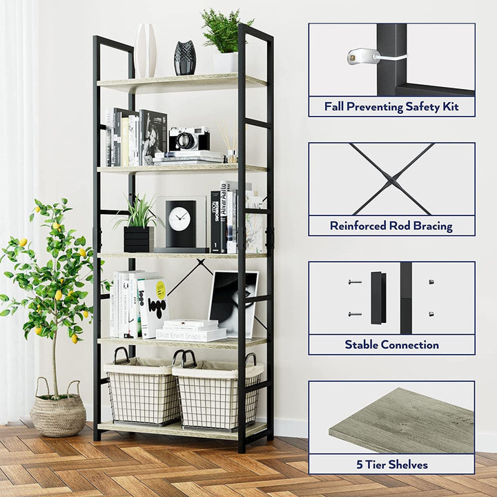 Numenn 5-Tier Industrial Bookshelf – Metal Frame & Teak Particle Board Shelves, 23.6" Wide Modern Bookcase with Fixed Rod Support & Anti-Tip Kit, Storage Rack for Home, Office, Bedroom Peach Maple