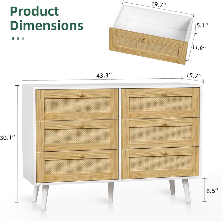 Modern 6-Drawer Rattan Dresser with Ample Storage & Anti-Tip Safety Strap – Space-Saving Bedroom Chest Peach Maple