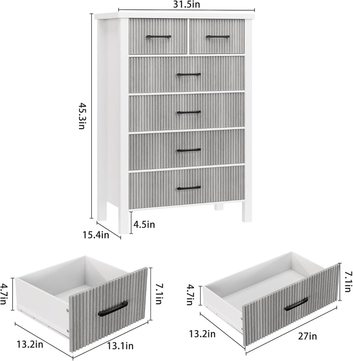 Modern 6 Drawer White Dresser with Fluted Panels – Stylish & Durable Storage for Bedroom, Living Room & Hallway Peach Maple