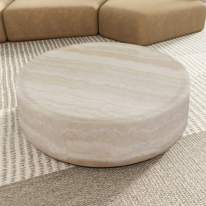 Modern Round Faux Travertine Coffee Table – 31.5" Fiberglass Center Table for Living Room, No Assembly Needed Sangria Beech