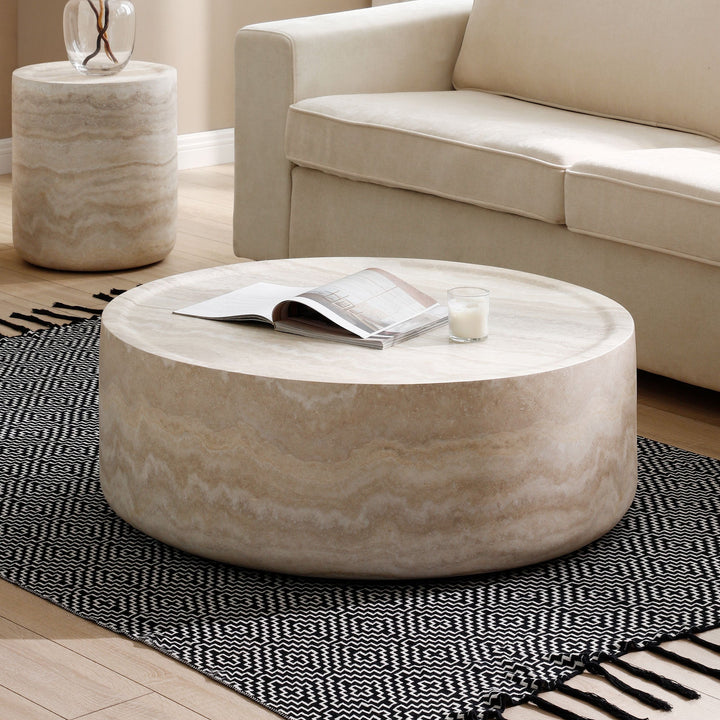 Modern Round Faux Travertine Coffee Table – 31.5" Fiberglass Center Table for Living Room, No Assembly Needed Sangria Beech