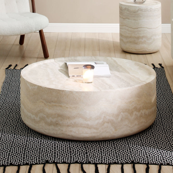 Modern Round Faux Travertine Coffee Table – 31.5" Fiberglass Center Table for Living Room, No Assembly Needed Sangria Beech
