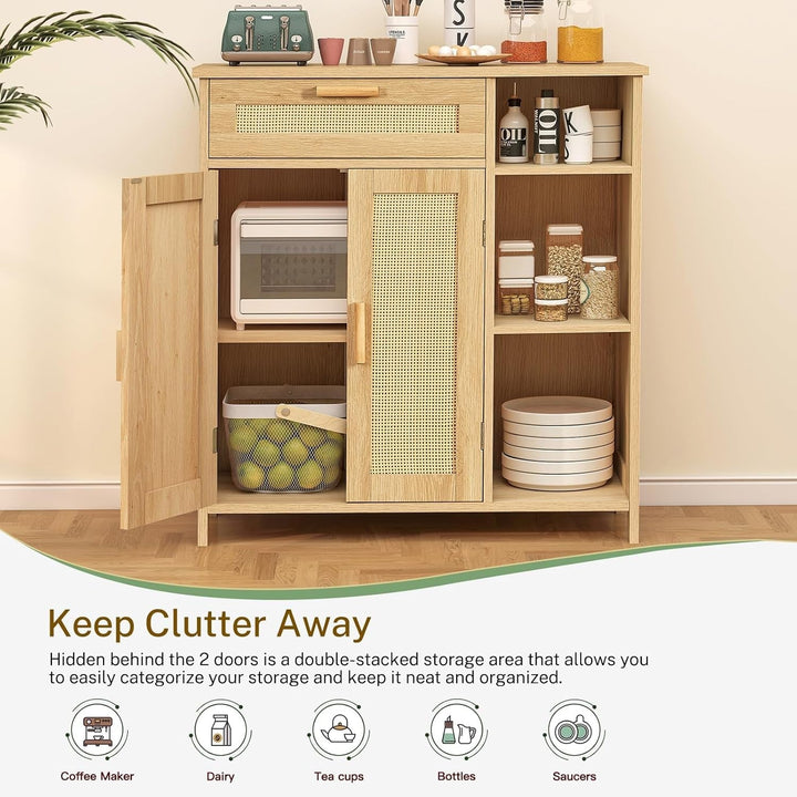 Natural Rattan Boho Storage Cabinet with Adjustable Shelves Peach Maple