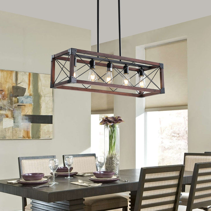 5-Light Farmhouse Chandelier – Red Wood and Black Iron Kitchen Island Pendant Light, Adjustable Height, E26 Base, Rustic Industrial Ceiling Fixture for Dining Room, Living Room, Entryway Sangria Beech