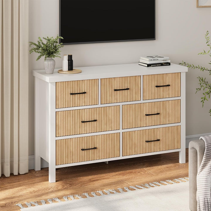 Jocoevol 7-Drawer White Wood Dresser with Fluted Panels – Modern Storage Chest for Bedroom, Living Room, Entryway Peach Maple
