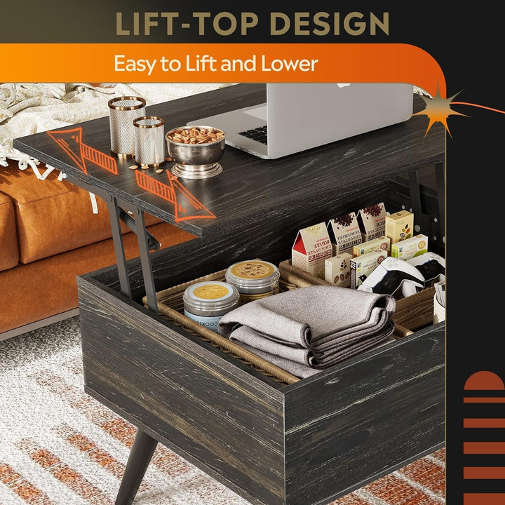 Lift Top Coffee Table with Storage – Modern Mid-Century Rustic Wood Grain Table with Hidden Compartment & Removable Shelf Peach Maple