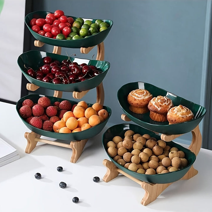 MultiLayer Bamboo-Style Fruit Basket & Snack Tray Set – Stackable, Food-Safe Plastic Organizer for Kitchen & Snacks Champagne Apollo